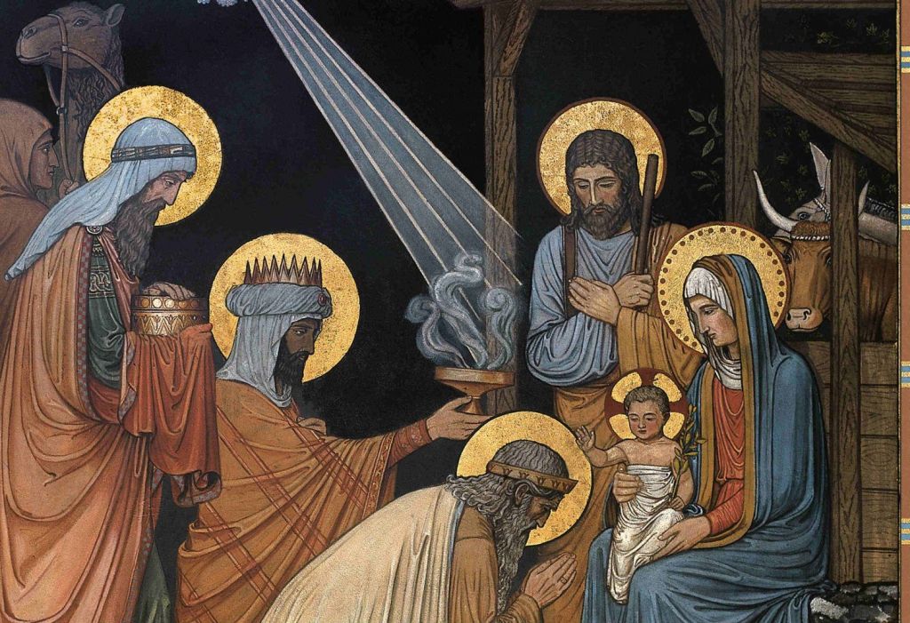 Image of the three wise men bowing before Jesus and presenting their gifts. Mary holds Jesus while Joseph stands watching. The starlight falls upon Jesus.