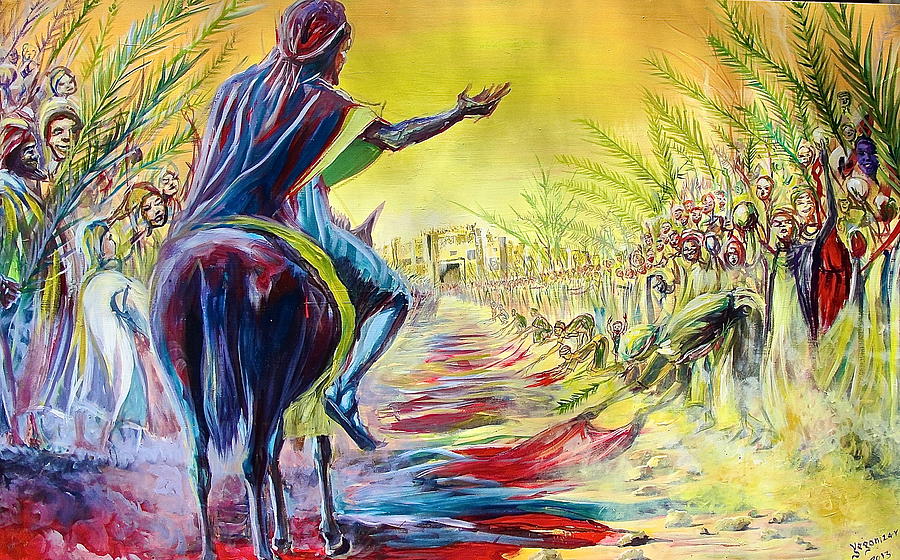 Jesus is riding towards Jerusalem on a donkey. We see him from behind, between two rows of bystanders waving palm branches. The donkey is walking on cloaks on the ground.