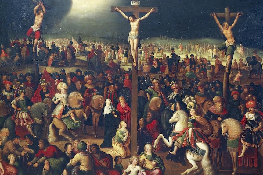 Painting of the crucifixion. Jesus and the thieves are hanging from tall crosses. The women are at the foot of Jesus's cross, surrounded by crowds, including soldiers on horseback.